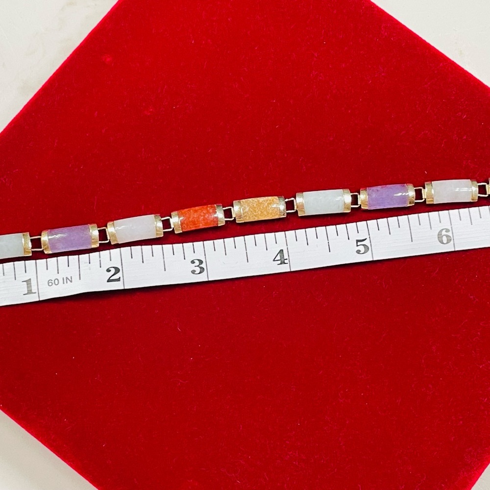 14k Yellow Gold Natural multi-colored Jade Bracelet 7 1/2”, end-to-end